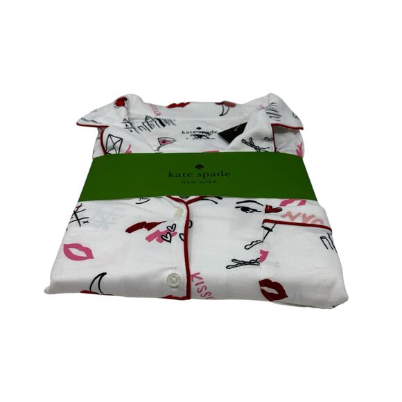 NWT Kate Spade NY 2 Pc Pajama Set L NYC Print Hearts Red Trim Cozy Loungewear - Picture 7 of 8